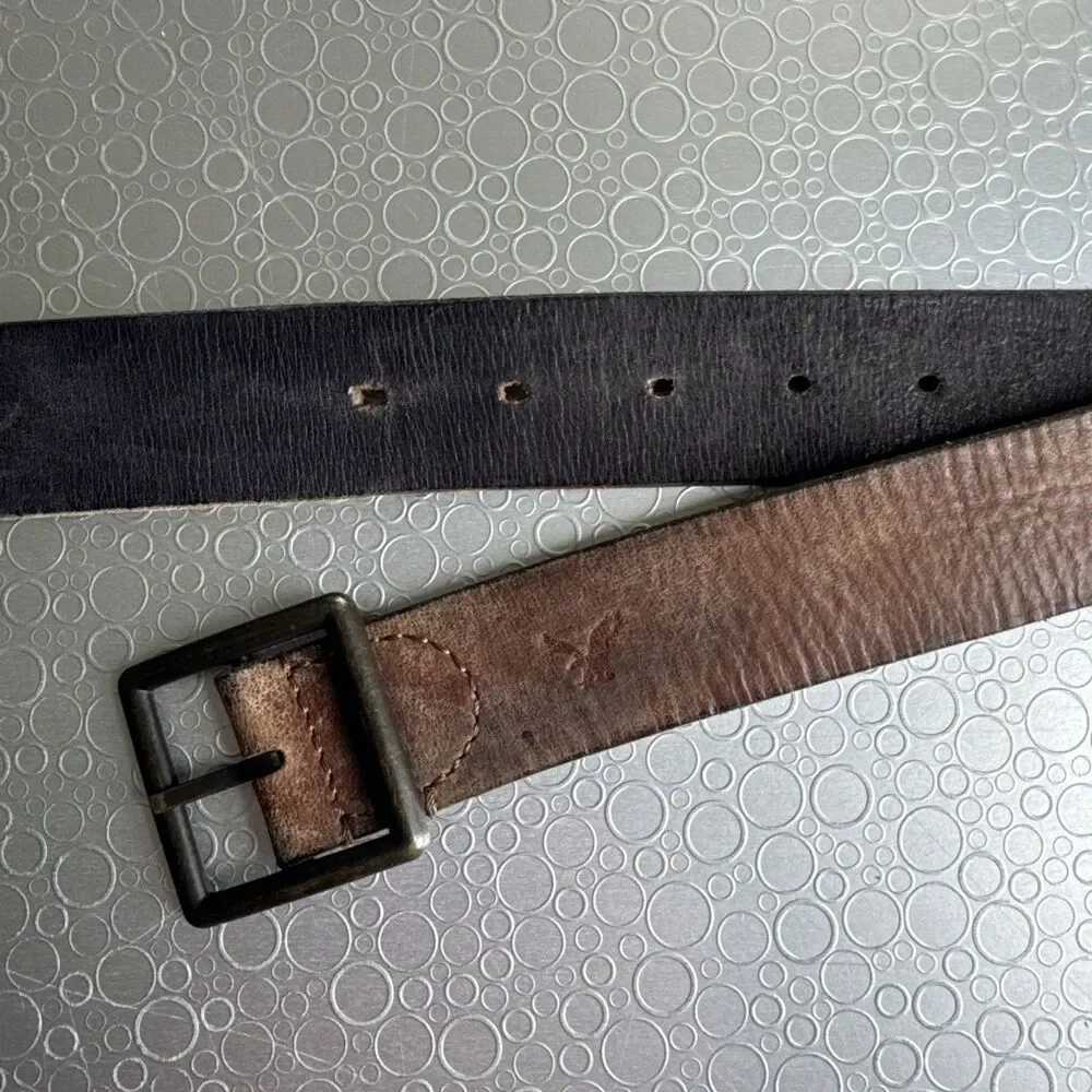 American Eagle Mens Rugged Brown Leather Reversible Belt 44 Eagle Logo Y2K